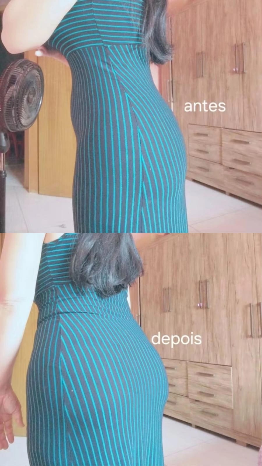 Antes e depois com vestido justo: o caimento fica alinhado com a peça