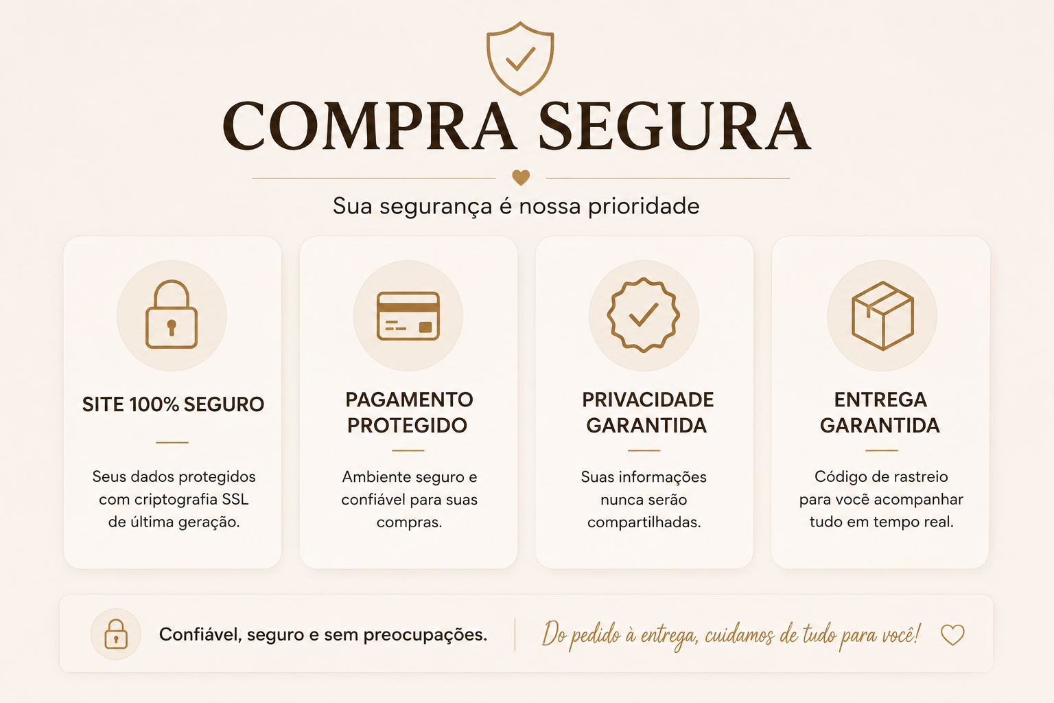 Compra 100% segura: frete grátis para todo o Brasil, dados protegidos e qualidade premium. Aceitamos Visa, Mastercard, Pix e boleto.