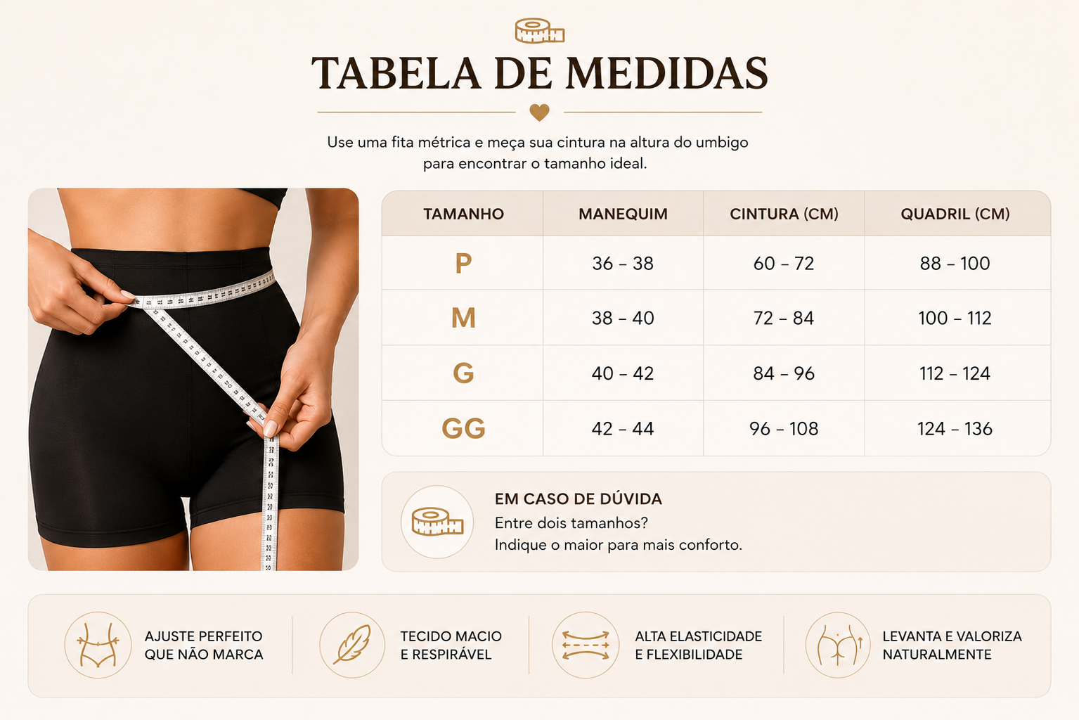 Tabela de medidas: P (manequim 36-38), M (38-40), G (40-42) e GG (42-44), com cintura e quadril em centímetros