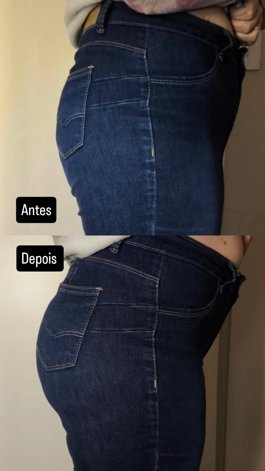 Antes e depois com jeans: o bumbum fica levantado e o quadril alinhado