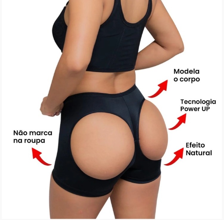 Peça no corpo com indicações: modela a cintura, tecnologia Power Up, efeito natural e não marca