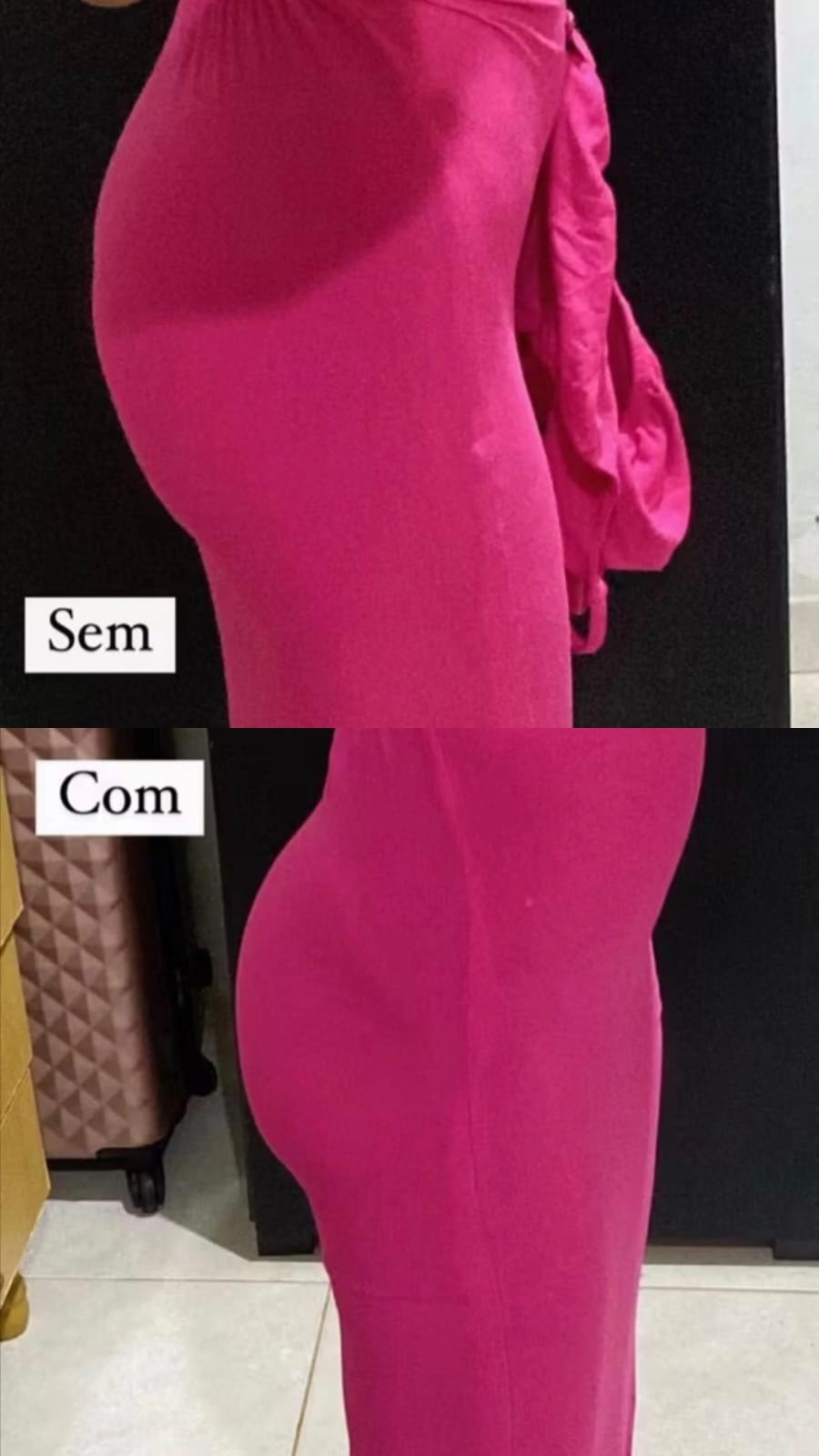 Antes e depois com saia/legging: contorno mais definido e sem dobras